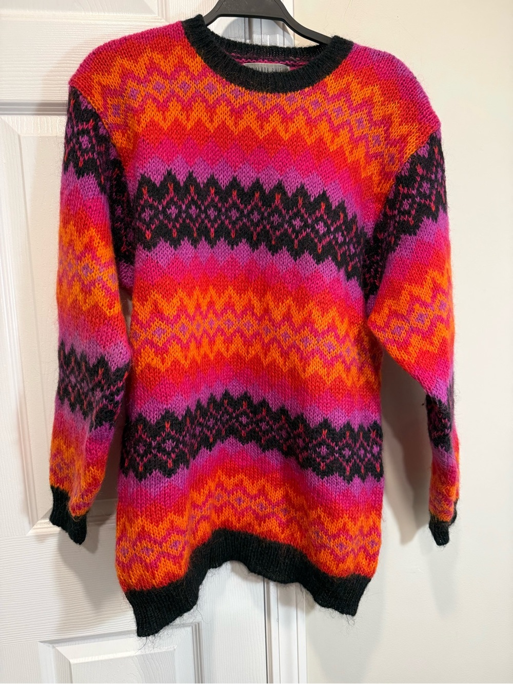 Vintage Amanda Smith Mohair Blend Colorful Geometric Sweater M Pink Orange Black